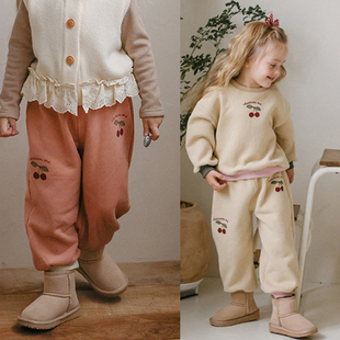 女童加绒卫裤秋冬韩版童装洋气樱桃加厚保暖小女孩女宝宝百搭裤子