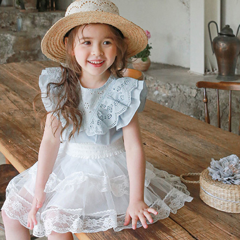 小女孩上衣薄款棉布儿童宝宝夏装韩版童装洋气镂空木耳边女童体恤