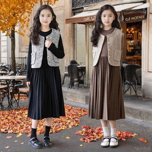 气质高级感女孩百褶裙 儿童礼服裙装 女童连衣裙春秋款 文艺套裙新款