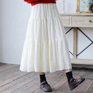 淑女风白色蕾丝半身裙女童秋冬新款洋气高腰显瘦大童女孩加绒裙子