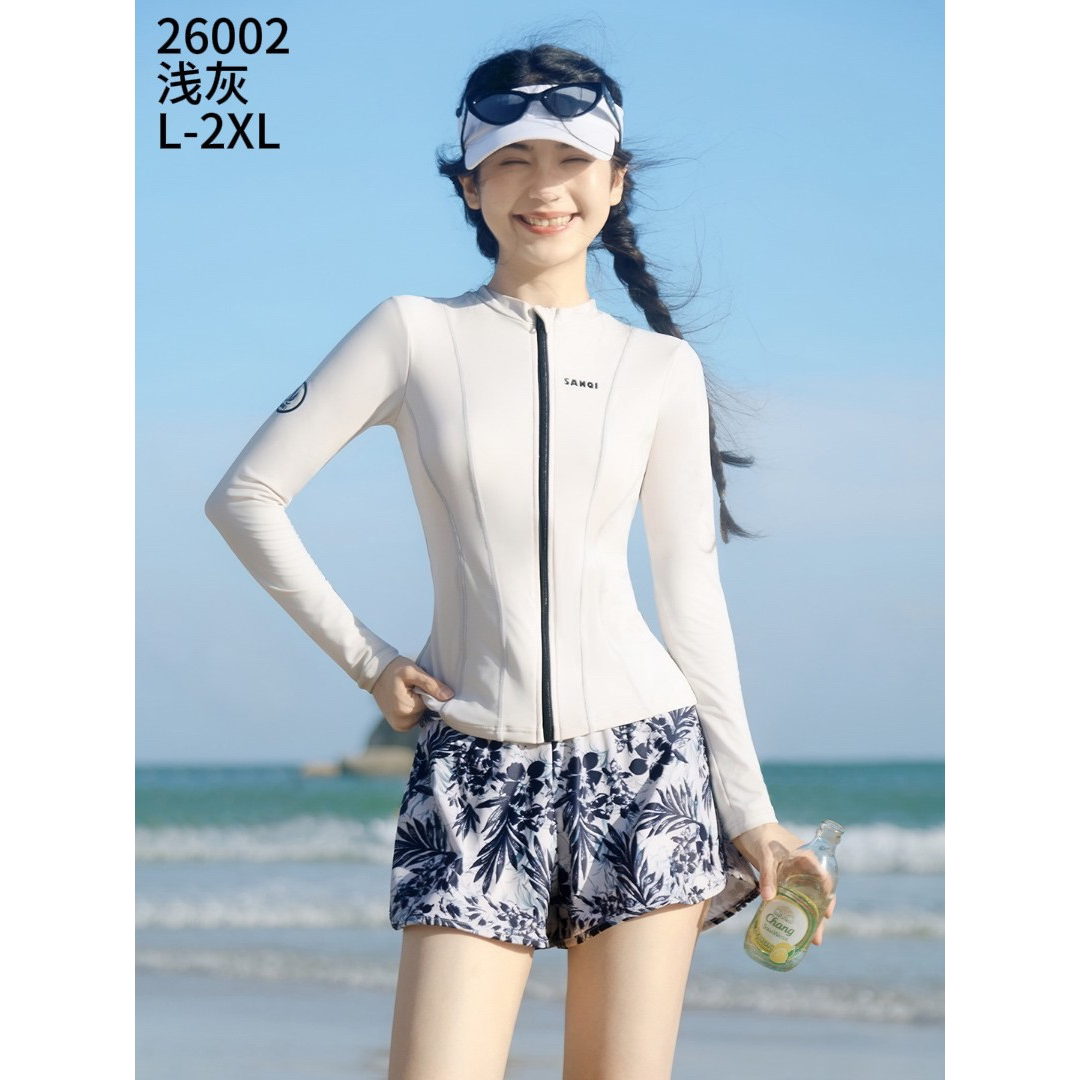 三奇26002成人泳衣女分体两件套平角短裤长袖防晒海边度假游泳衣