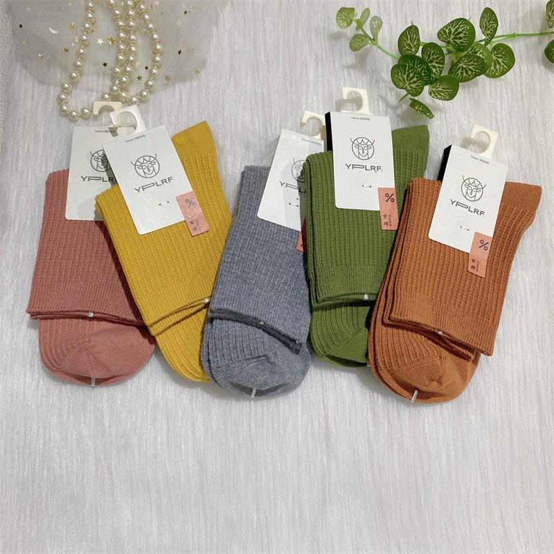 鹿人秋冬季女100%纯棉中筒袜无骨