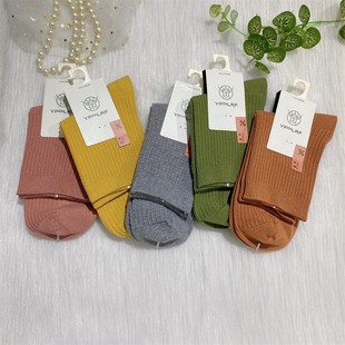 鹿人袜业女秋冬纯棉中筒袜子保暖纯色双针条纹无骨吸汗百棉袜5013