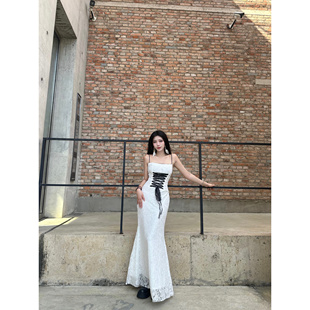 辣妹性感纯欲高级感蕾丝吊带连衣裙包臀修身 收腰白色御姐鱼尾长裙