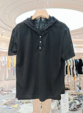 ALJ69636时尚三粒扣蕾丝连帽短袖T恤小衫帽衫欧洲站夏季正品女装