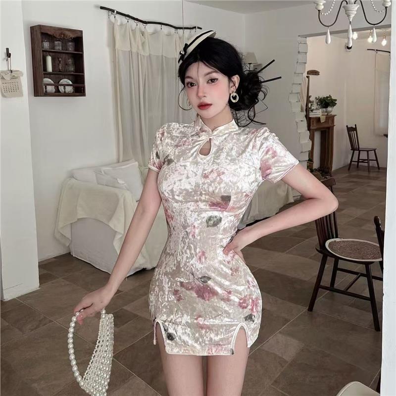 秋冬新款中式改良旗袍丝绒印花短袖修身包臀气质打底连衣裙晚礼服