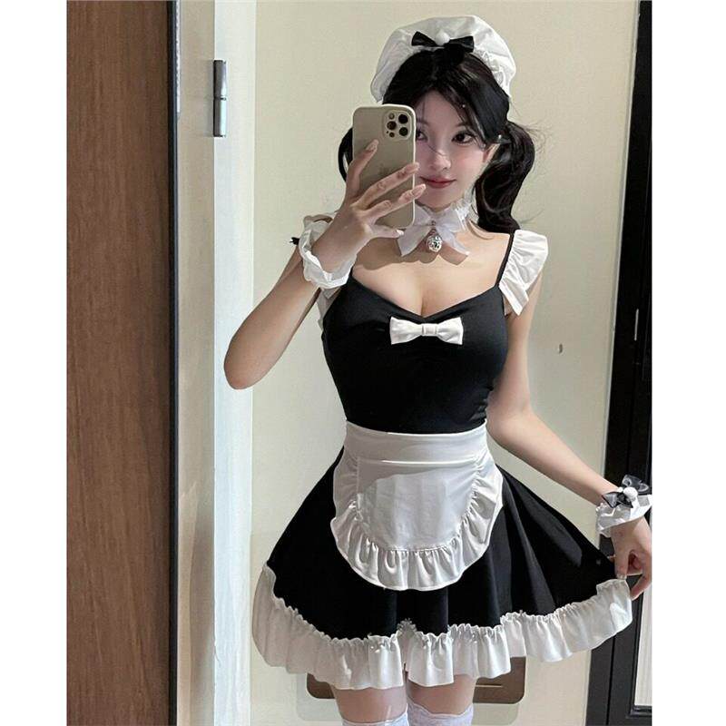 网红甜美纯欲性感露背蕾丝边女仆制服短款连衣裙女夏季约会短裙子