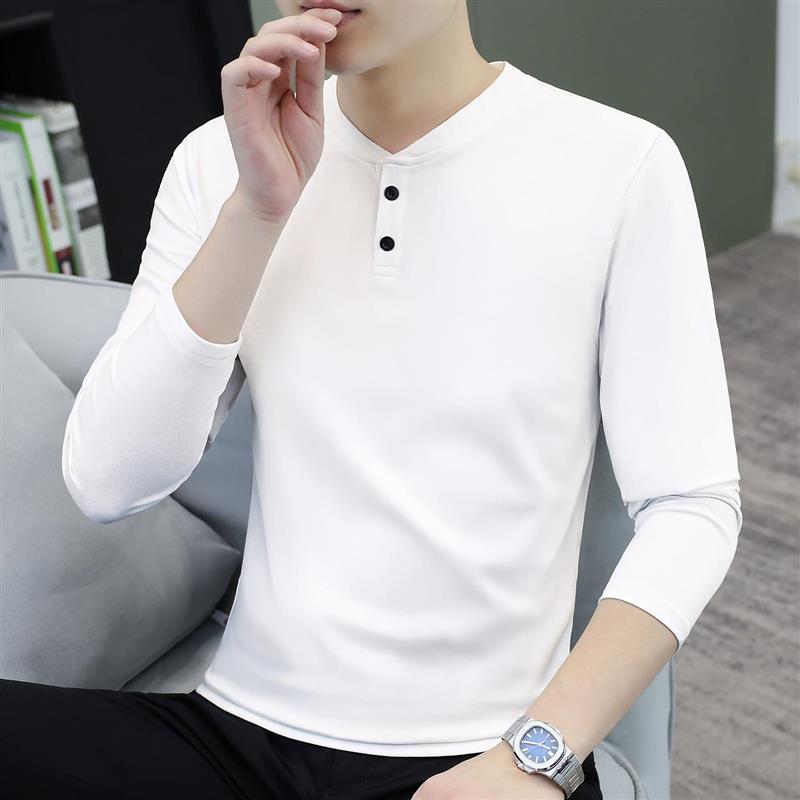 春秋季半开领男士纯棉长袖t恤百搭纽扣领男装打底衫秋衣休闲上衣