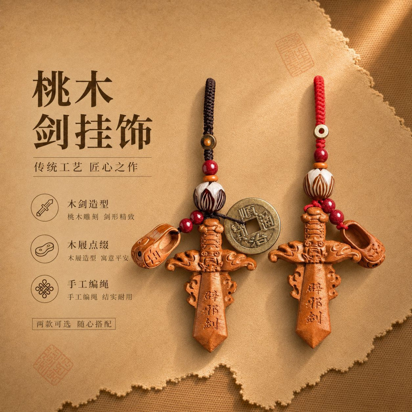 国风钥匙扣小挂件老桃木挂件木质
