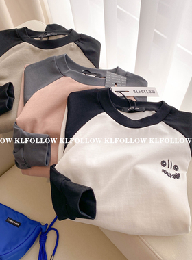 KLFOLLOW刺绣笑脸插肩袖拼接宽松长袖T恤春秋oversize情侣欧美潮