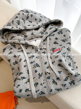 ader error small秋冬新款碎花卫衣加绒宽松拉链帽衫学院风上衣女