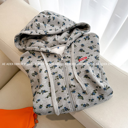 ader error small秋冬新款碎花卫衣加绒宽松拉链帽衫学院风上衣女