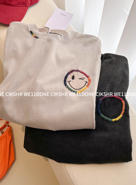 WE11DONE CIKSHR秋季做旧笑脸刺绣长袖T恤中长款男女打底上衣韩版