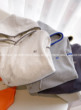 ader error small秋冬加绒连帽卫衣女贝壳绣小个子帽衫宽松假两件