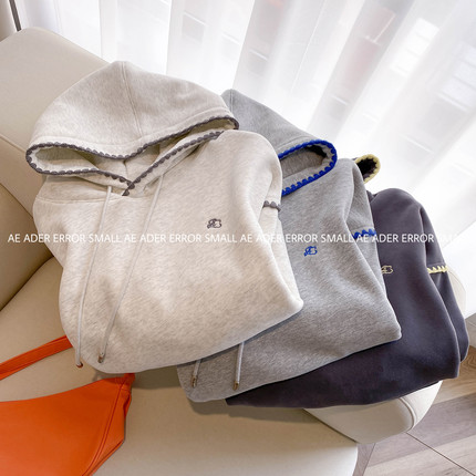 ader error small秋冬加绒连帽卫衣女贝壳绣小个子帽衫宽松假两件