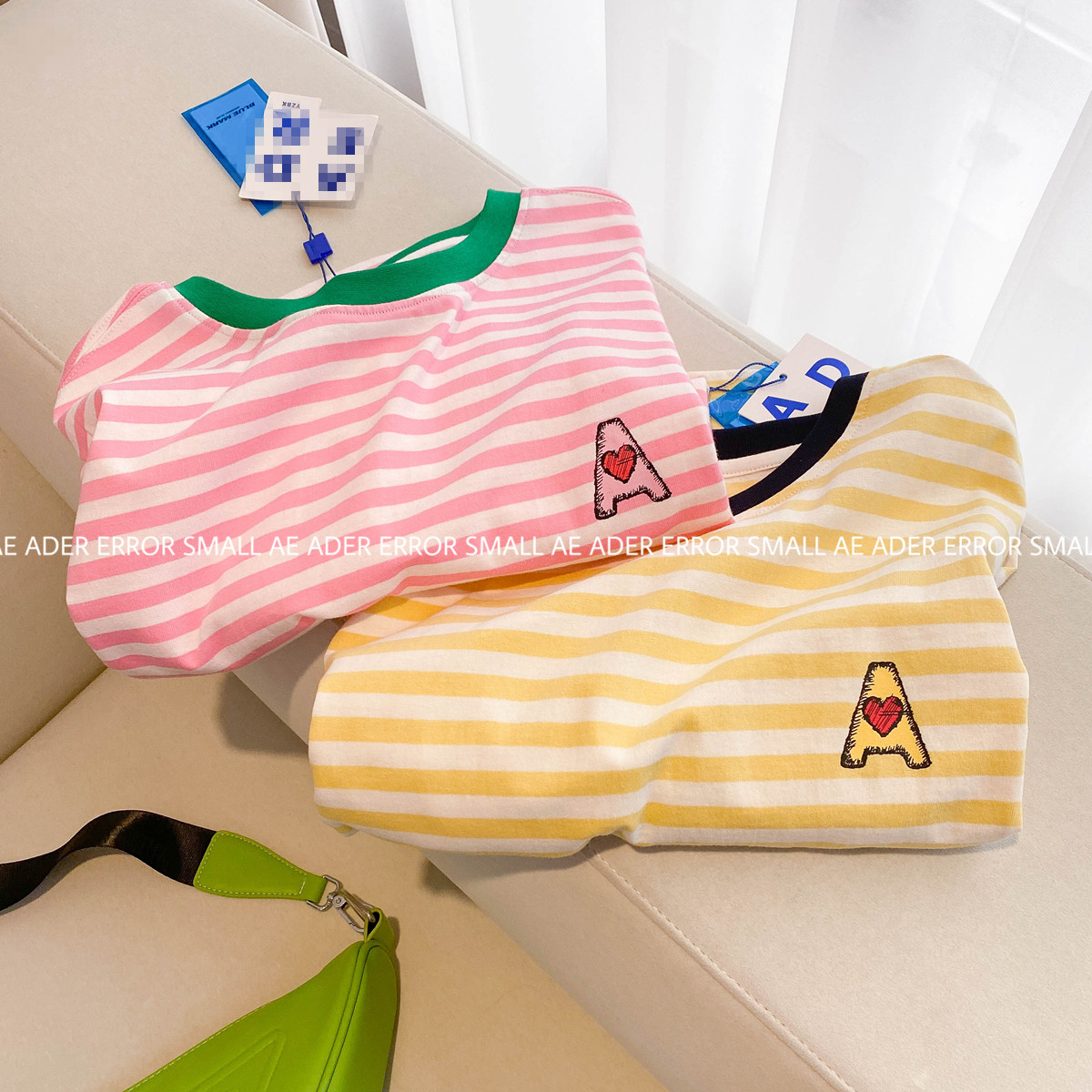 ader error small条纹女短袖T恤新款宽松休闲糖果色圆领上衣刺绣