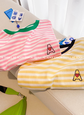 ader error small条纹女短袖T恤新款宽松休闲糖果色圆领上衣刺绣