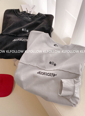 KLFOLLOW欧美潮牌oversize重磅炒雪花拼接长袖T恤春秋刺绣字母女