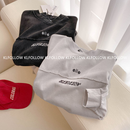 KLFOLLOW欧美潮牌oversize重磅炒雪花拼接长袖T恤春秋刺绣字母女