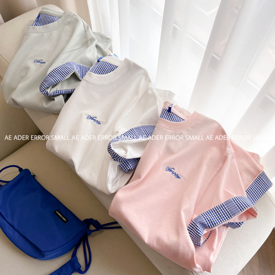 正品ader拼接格子宽松短袖T恤女