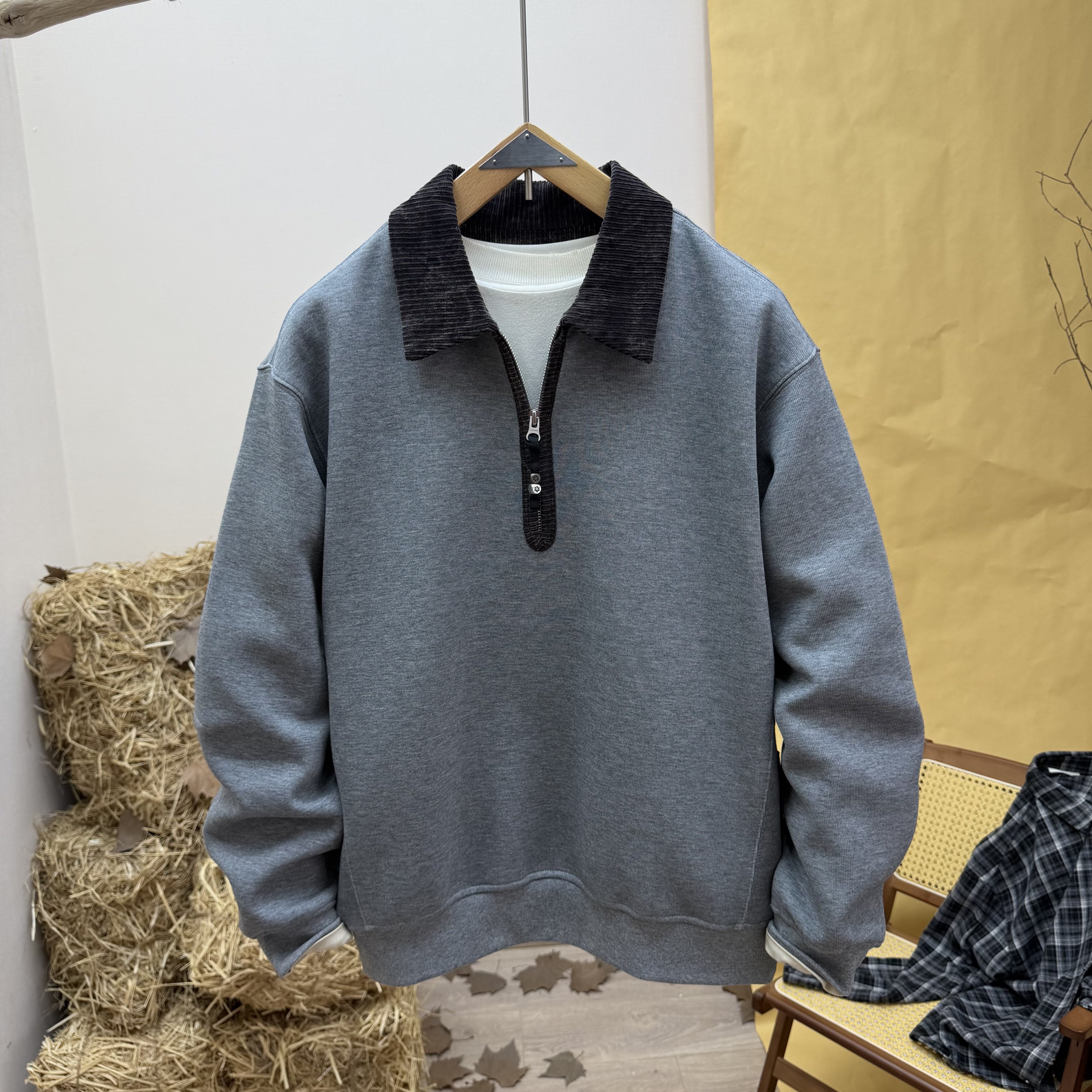 日系老钱风半拉链拼接翻领卫衣男
