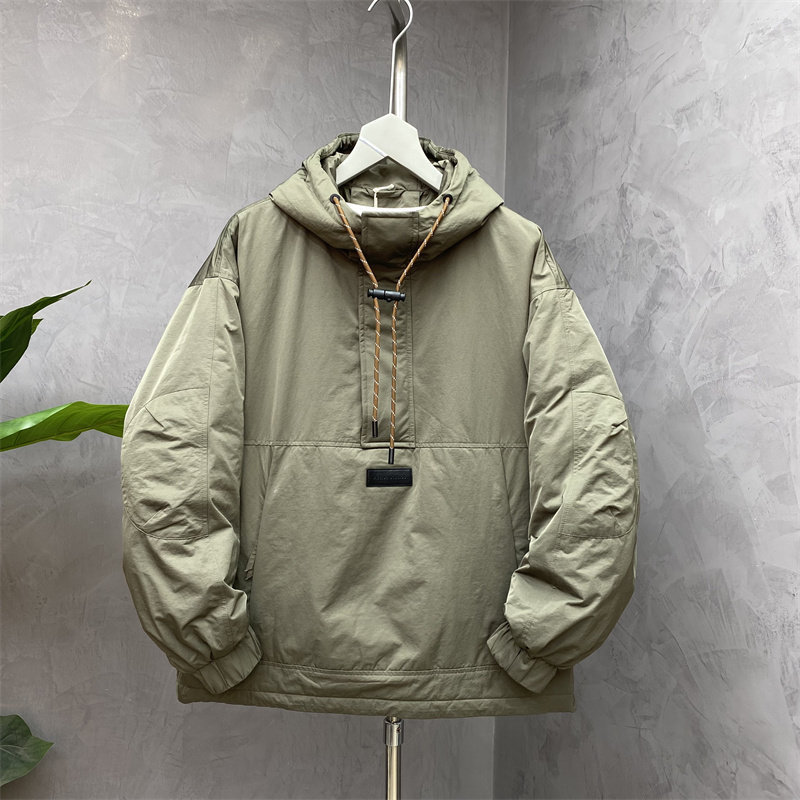 冬季新款日系半套头拼接连帽羽绒服男宽松高级感工装保暖羽绒外套