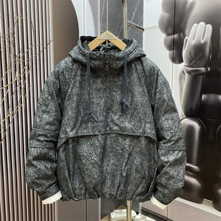 半套头连帽轻薄羽绒服男宽松时尚 美式 拼接保暖90白鸭绒潮 新款 冬季