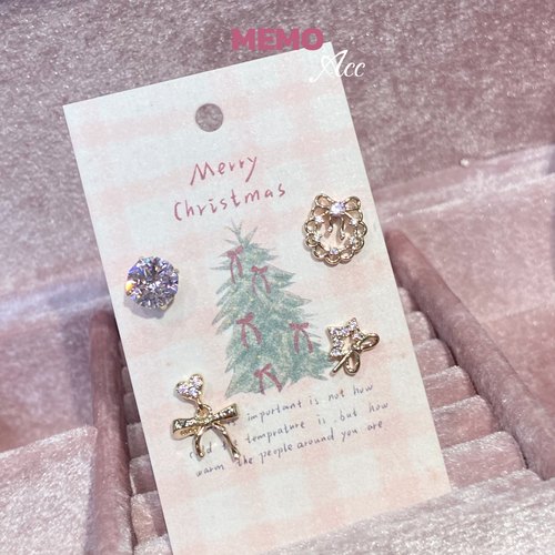 【MEMO】蕾丝花环 咖金粉钻蝴蝶结设计感百搭耳骨钉DS171