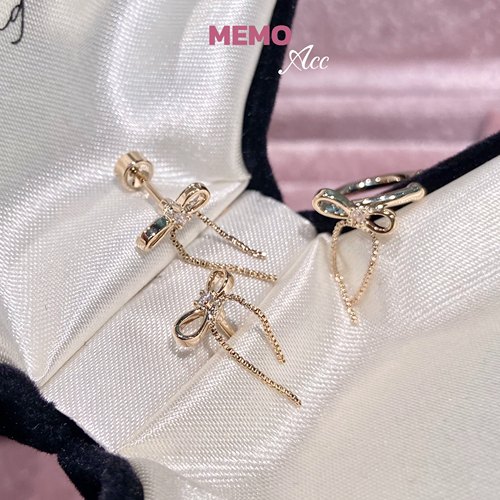 【MEMO】摇落心动 丝带蝴蝶结咖金设计感耳骨钉耳夹E428