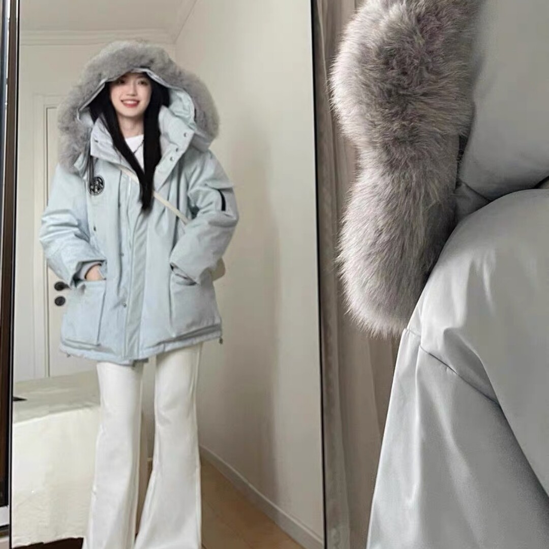 工装毛领派克服羽绒棉服女设计感小众2026毛毛内胆冬季新款中长款