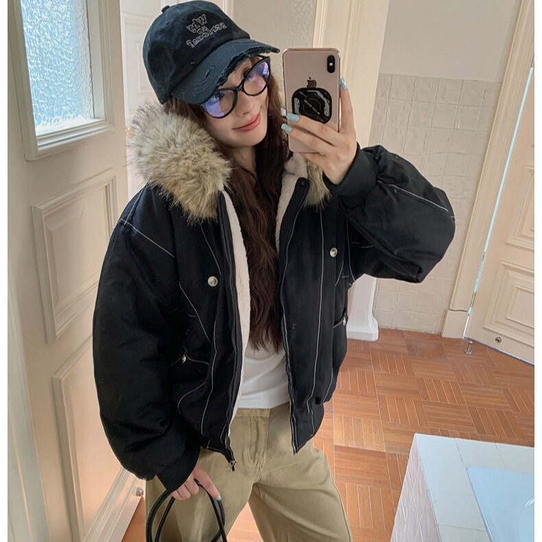 派克服短款羽绒棉服女仿兔毛大毛领连帽2026冬棉外套复古