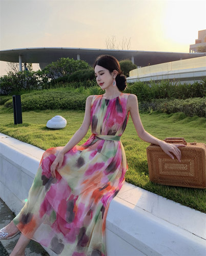 彩色无袖连衣裙女气质款仿真丝高级感晕染海边度假风裙子夏