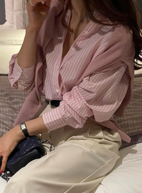 elmu 条纹衬衫女设计感小众春季新款韩版宽松显瘦长袖上衣