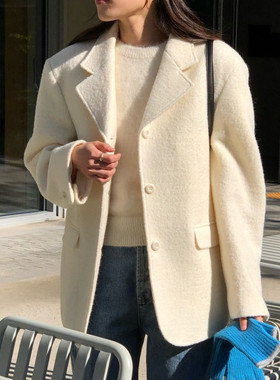 damber 新款韩版宽松休闲西装外套女小个子高级感灰色毛呢大衣