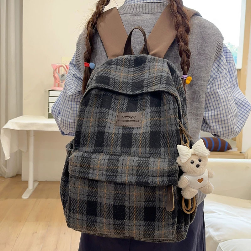 美式复古双肩包女大容量通勤旅行背包中学生格子书包初中生高中生
