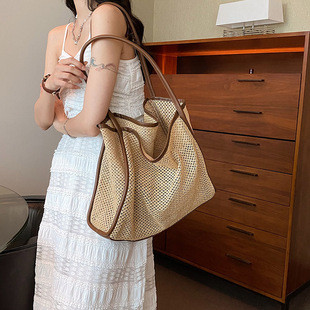 复古草编包包女2025新款夏季沙滩托特包百搭大容量单肩编织子母包
