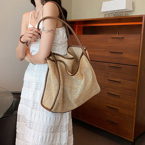 复古草编包包女2025新款夏季沙滩托特包百搭大容量单肩编织子母包