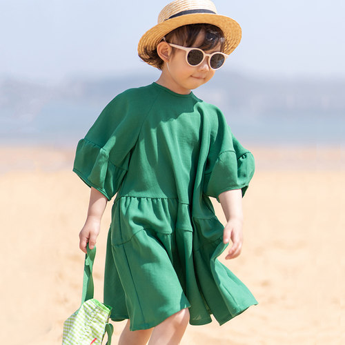乐往绿色文艺夏亲子装纯色连衣裙