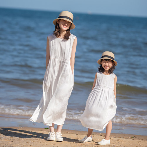 亲子装无袖连衣裙夏清新白色母女