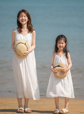 小乐往原创亲子装131课 夏季白色海边吊带女童清新度假连衣裙母女