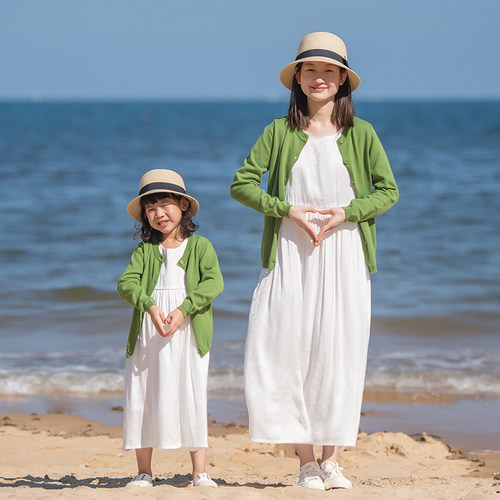春秋女童清新绿色纯棉母女开衫