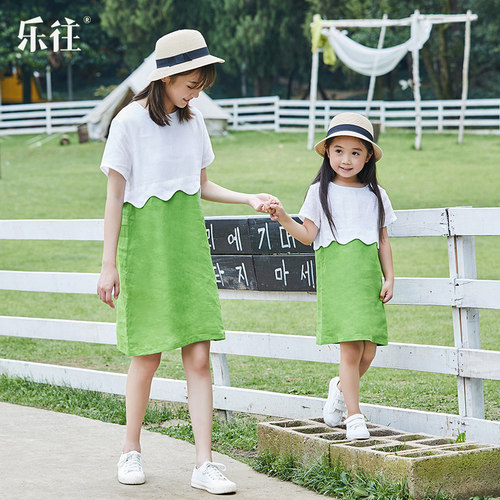 拼接设计清新亚麻母女装连衣裙