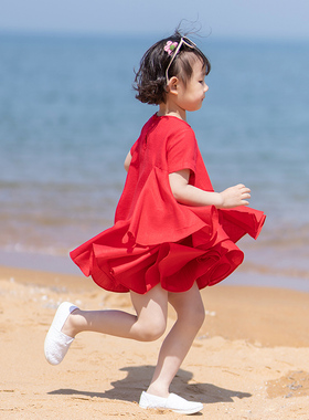 小乐往原创亲子装5课 夏季海边度假拍照女童大红色短袖母女连衣裙