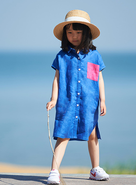 小乐往原创亲子装50课夏蓝色海边草原西藏度假拍照母女亚麻连衣裙