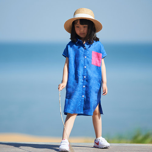 夏亚麻长款衬衣裙母女装连衣裙