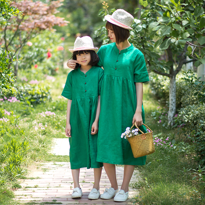 純亞麻新中式寬松母女連衣裙度假