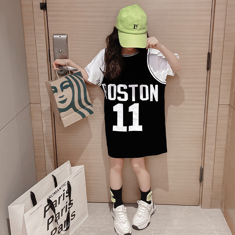 女童T恤裙夏季韩版女孩洋气中长款短袖上衣儿童假两件运动打底衫