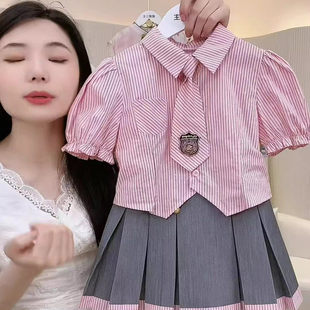 女童夏季短袖套装2025新款儿童学院风衬衫小女孩jk短裙夏装两件套