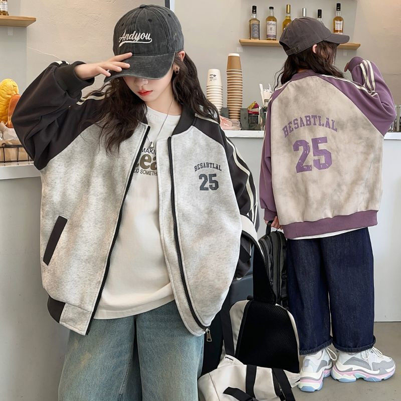 女童外套春秋款儿童棒球服洋派拼色花纹女孩开衫拉链夹克上衣秋季