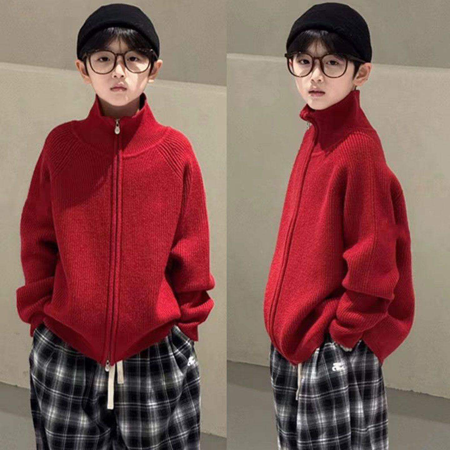 男童立领针织外套秋冬毛衣2025红色儿童洋气针织拉链衫外套,童装/婴儿装/亲子装,毛衣/针织衫,淘宝优惠券,粉丝福利购,淘宝优惠卷